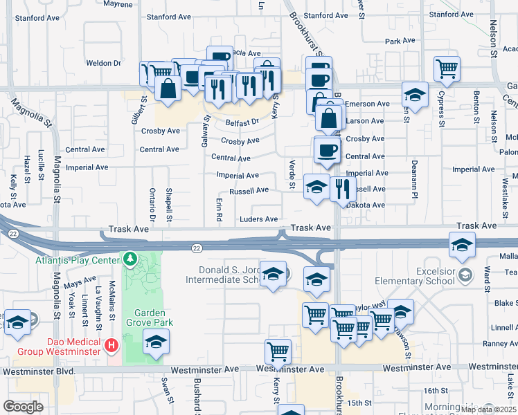 map of restaurants, bars, coffee shops, grocery stores, and more near 9712 Dakota Avenue in Garden Grove