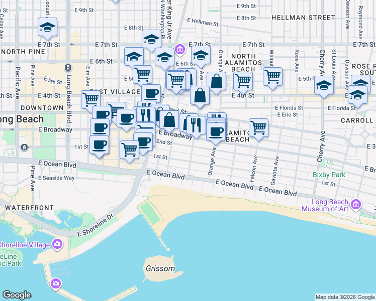 map of restaurants, bars, coffee shops, grocery stores, and more near 1074 2nd Street in Long Beach