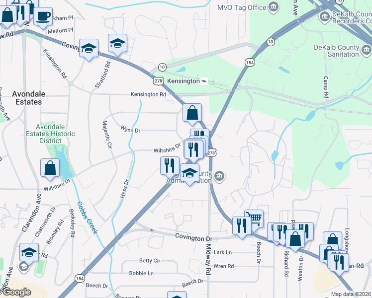 map of restaurants, bars, coffee shops, grocery stores, and more near 953 Nottingham Drive in Avondale Estates