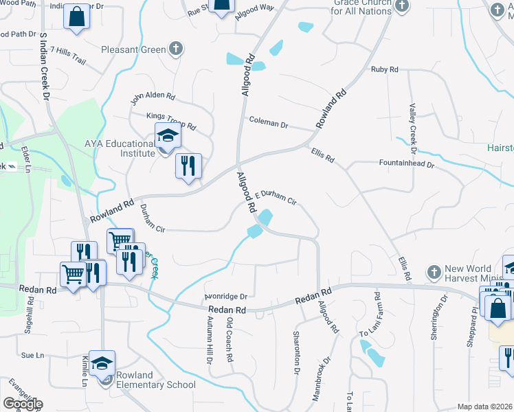 map of restaurants, bars, coffee shops, grocery stores, and more near 4335 East Durham Circle in Stone Mountain