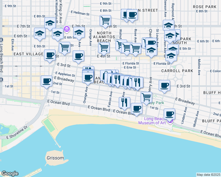 map of restaurants, bars, coffee shops, grocery stores, and more near in Long Beach