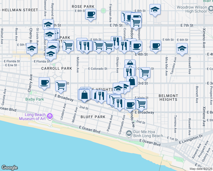 map of restaurants, bars, coffee shops, grocery stores, and more near 3020 East 3rd Street in Long Beach