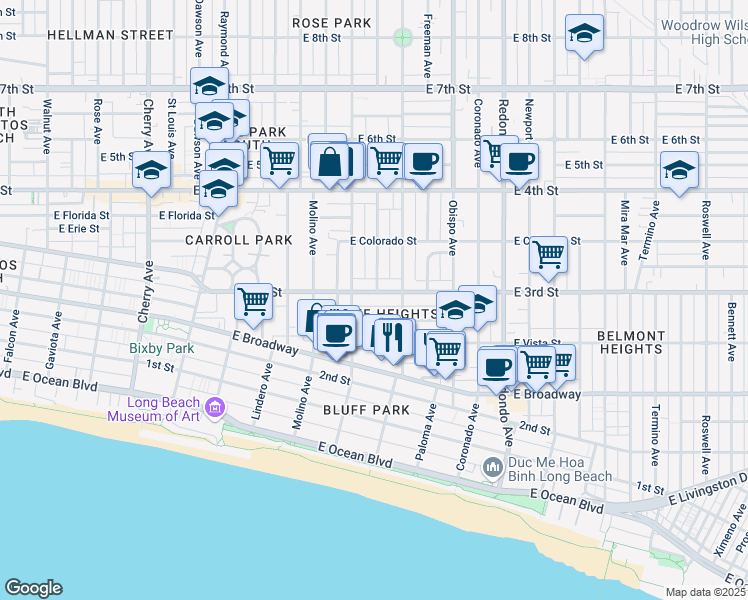 map of restaurants, bars, coffee shops, grocery stores, and more near 2844 East 3rd Street in Long Beach