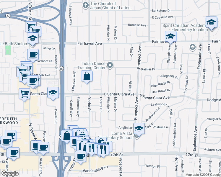 map of restaurants, bars, coffee shops, grocery stores, and more near 13402 Wheeler Place in Santa Ana