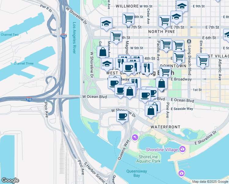 map of restaurants, bars, coffee shops, grocery stores, and more near in Long Beach
