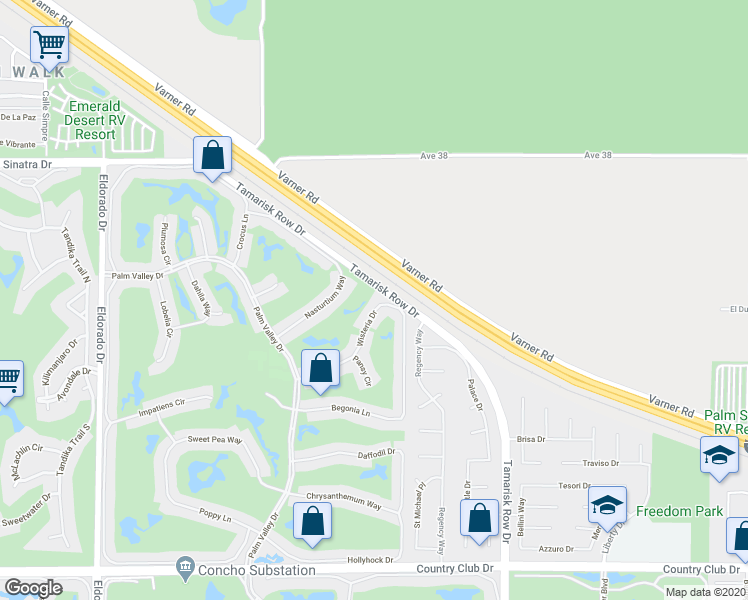 map of restaurants, bars, coffee shops, grocery stores, and more near 38782 Wisteria Drive in Palm Desert