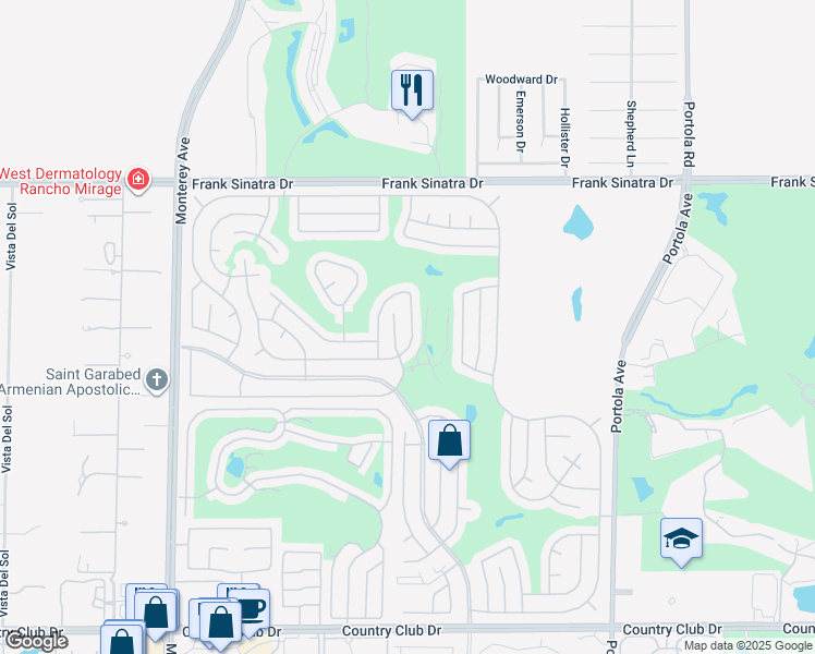map of restaurants, bars, coffee shops, grocery stores, and more near 73594 Cabazon Peak Drive in Palm Desert