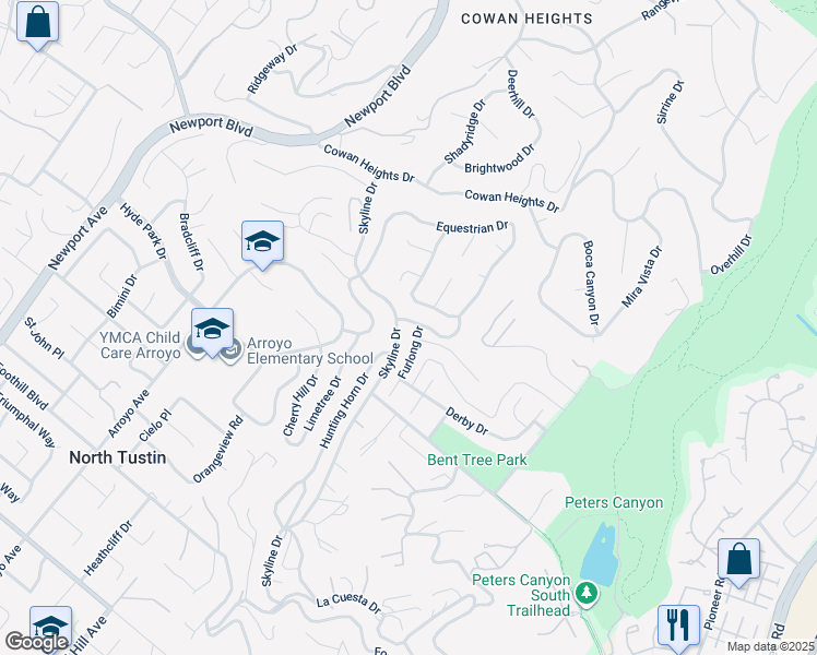 map of restaurants, bars, coffee shops, grocery stores, and more near 10821 Furlong Drive in Santa Ana