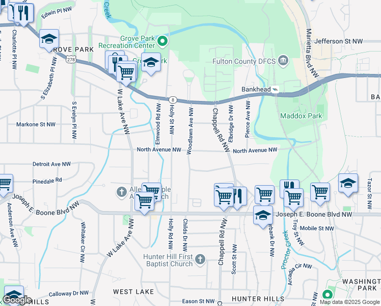 map of restaurants, bars, coffee shops, grocery stores, and more near 1472 North Avenue Northwest in Atlanta