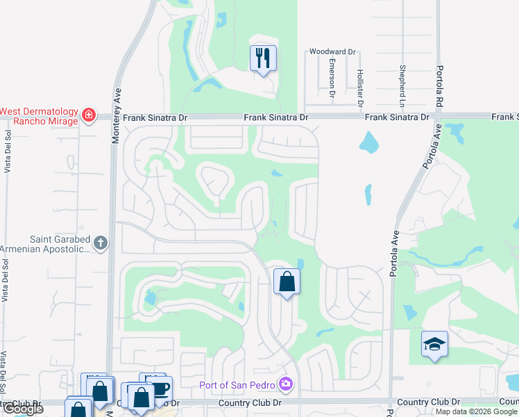 map of restaurants, bars, coffee shops, grocery stores, and more near 73594 Cabazon Peak Drive in Palm Desert