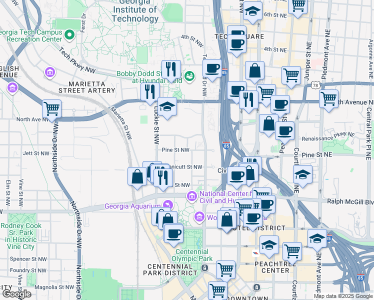 map of restaurants, bars, coffee shops, grocery stores, and more near 5 Center Street Northwest in Atlanta