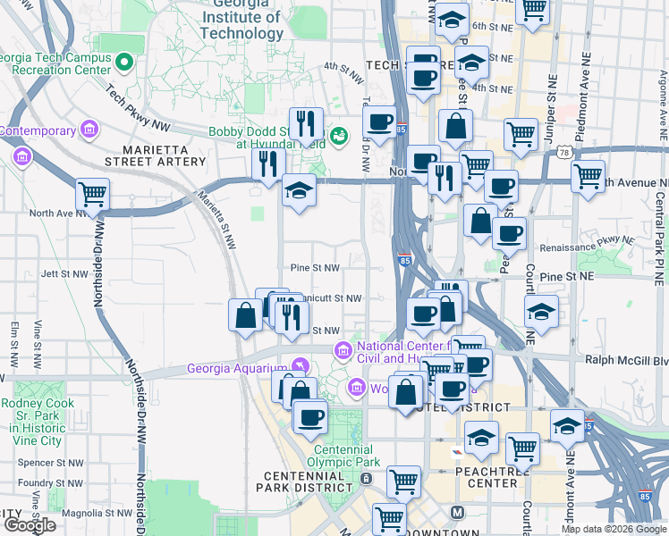 map of restaurants, bars, coffee shops, grocery stores, and more near 5 Center Street Northwest in Atlanta