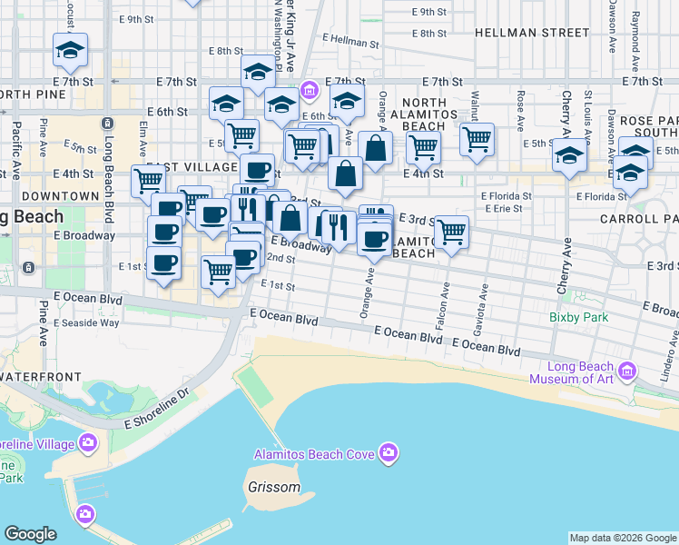 map of restaurants, bars, coffee shops, grocery stores, and more near 1074 2nd Street in Long Beach