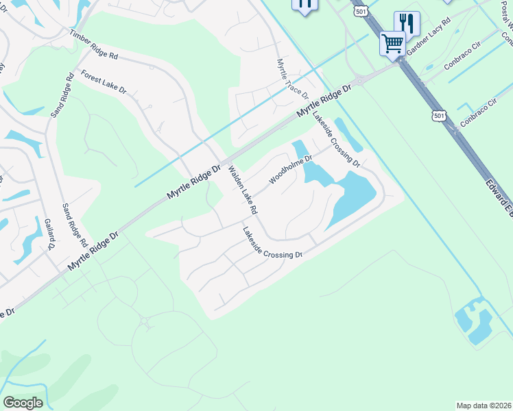 map of restaurants, bars, coffee shops, grocery stores, and more near 595 Woodholme Drive in Conway