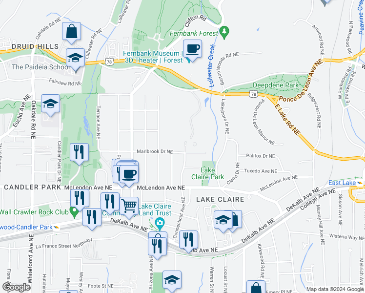 map of restaurants, bars, coffee shops, grocery stores, and more near 496 Ridgewood Road Northeast in Atlanta