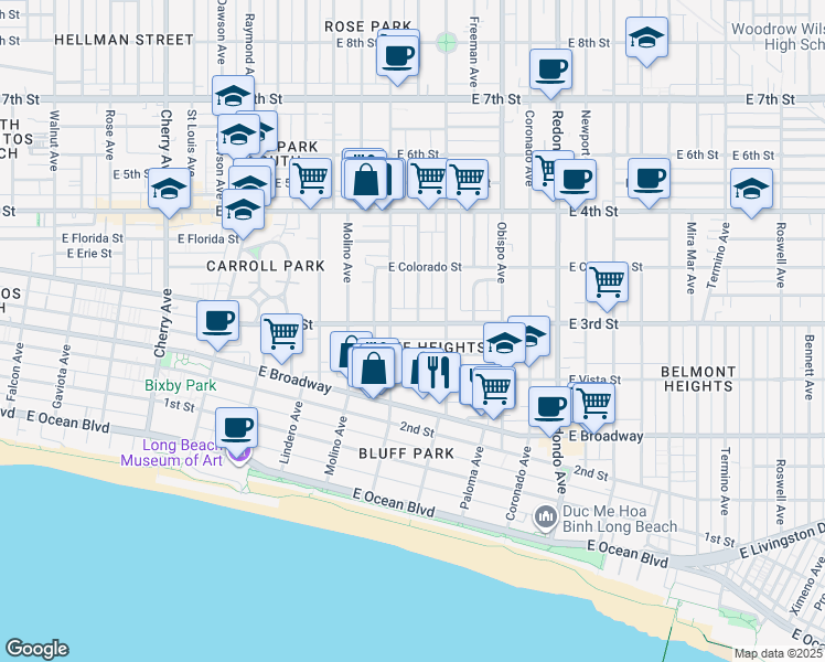 map of restaurants, bars, coffee shops, grocery stores, and more near 2844 East 3rd Street in Long Beach