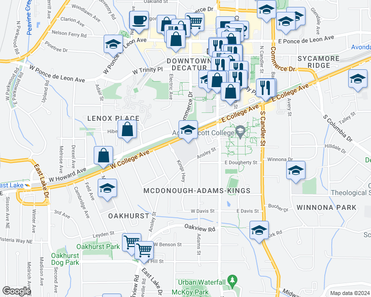 map of restaurants, bars, coffee shops, grocery stores, and more near 220 West College Avenue in Decatur
