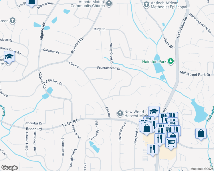 map of restaurants, bars, coffee shops, grocery stores, and more near 4515 Hope Springs Road in Stone Mountain