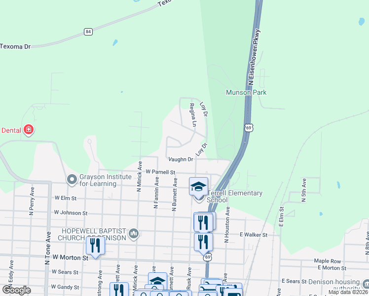 map of restaurants, bars, coffee shops, grocery stores, and more near 82 Vaughn Drive in Denison