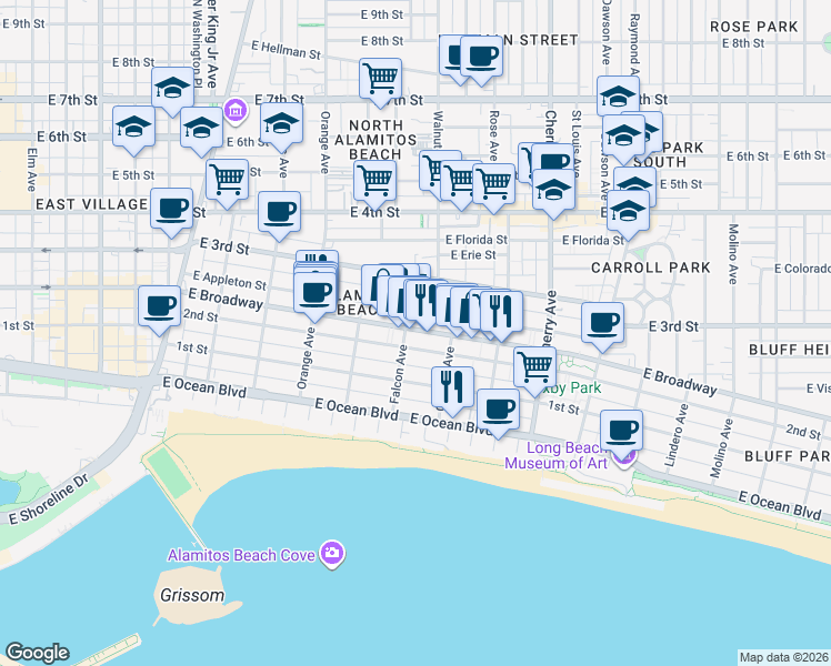 map of restaurants, bars, coffee shops, grocery stores, and more near 1509 East Broadway in Long Beach