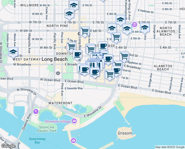 map of restaurants, bars, coffee shops, grocery stores, and more near 67 Linden Avenue in Long Beach