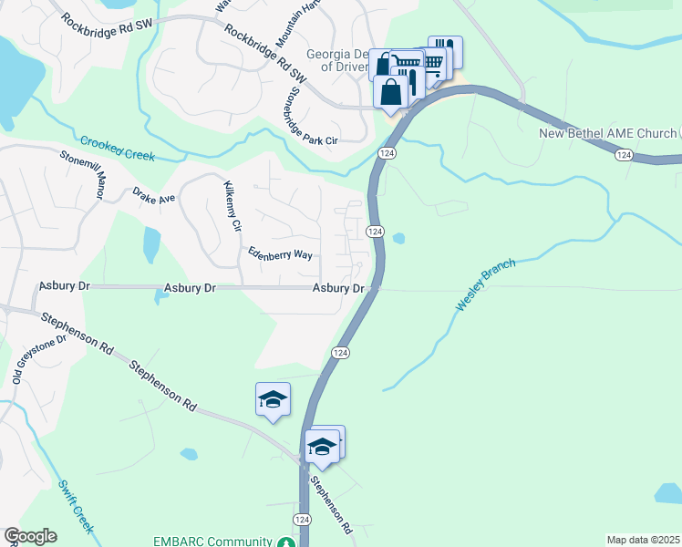 map of restaurants, bars, coffee shops, grocery stores, and more near 100 Leslie Oaks Drive in Lithonia