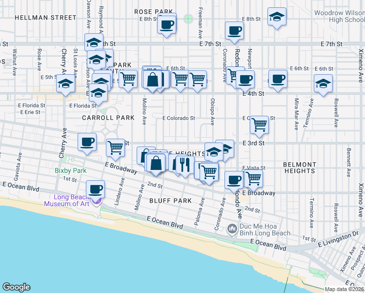 map of restaurants, bars, coffee shops, grocery stores, and more near 2930 East 3rd Street in Long Beach