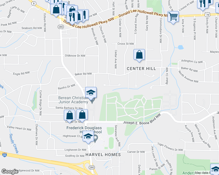 map of restaurants, bars, coffee shops, grocery stores, and more near 2726 Lincoln Court Northwest in Atlanta