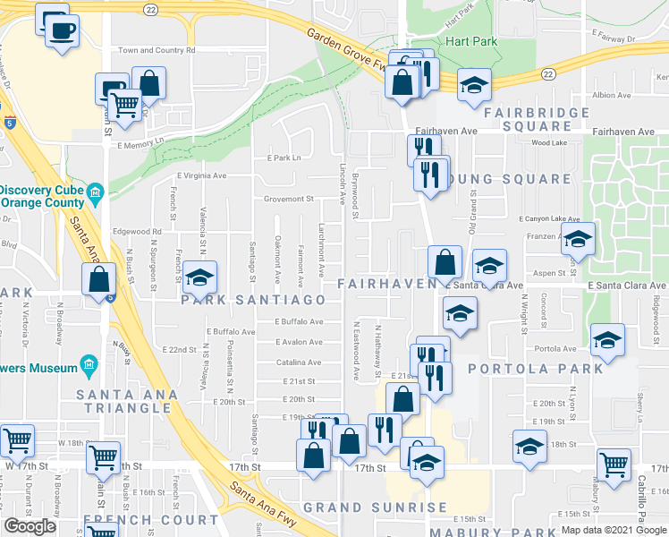 map of restaurants, bars, coffee shops, grocery stores, and more near 1010 Beechwood Street in Santa Ana