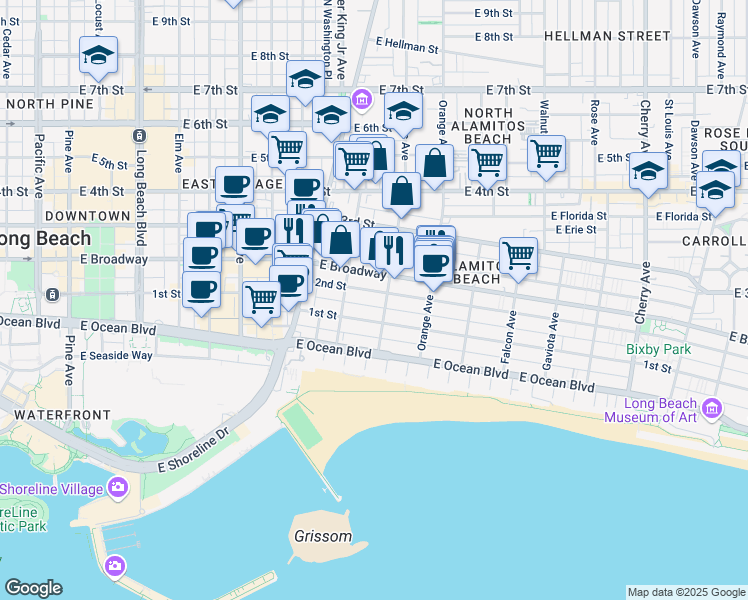 map of restaurants, bars, coffee shops, grocery stores, and more near 1054 2nd Street in Long Beach