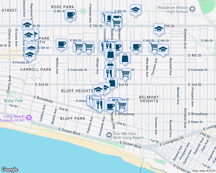 map of restaurants, bars, coffee shops, grocery stores, and more near 3316 East 3rd Street in Long Beach