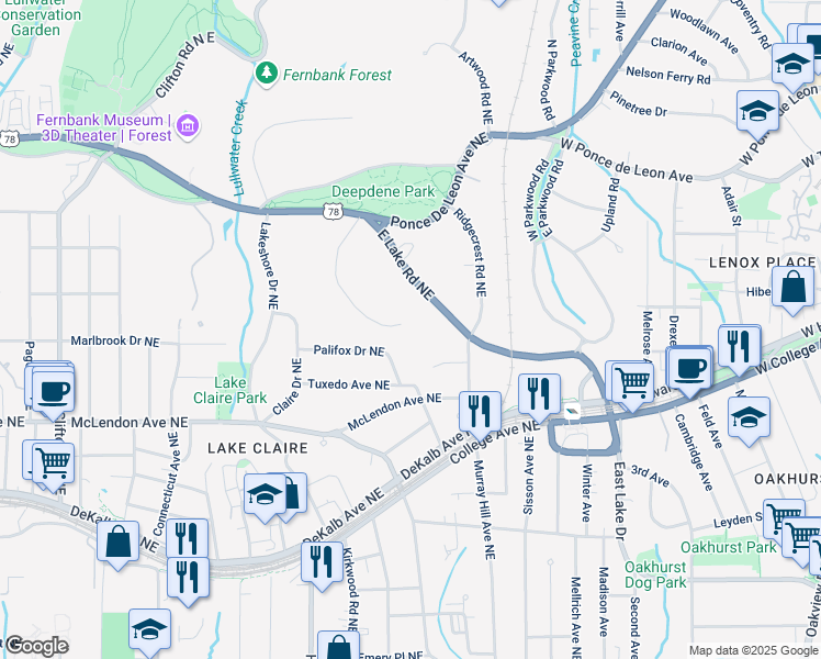 map of restaurants, bars, coffee shops, grocery stores, and more near 482 Ponce De Leon Manor Northeast in Atlanta