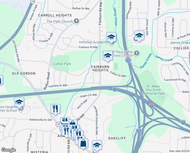 map of restaurants, bars, coffee shops, grocery stores, and more near 477 Fairlane Circle Northwest in Atlanta