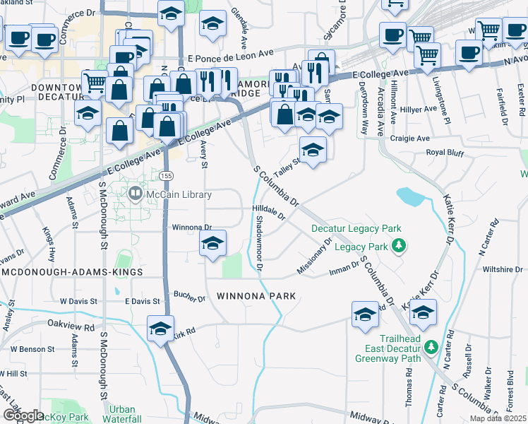 map of restaurants, bars, coffee shops, grocery stores, and more near 204 Shadowmoor Drive in Decatur