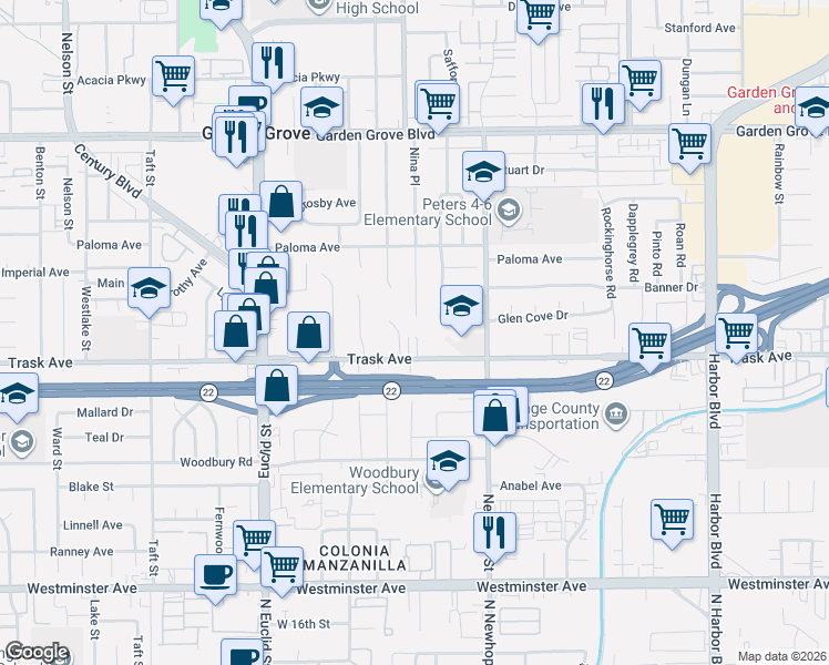 map of restaurants, bars, coffee shops, grocery stores, and more near 13417 Jasmine Way in Garden Grove