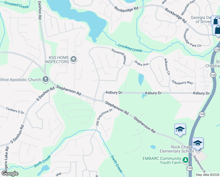 map of restaurants, bars, coffee shops, grocery stores, and more near 7262 Asbury Drive in Lithonia