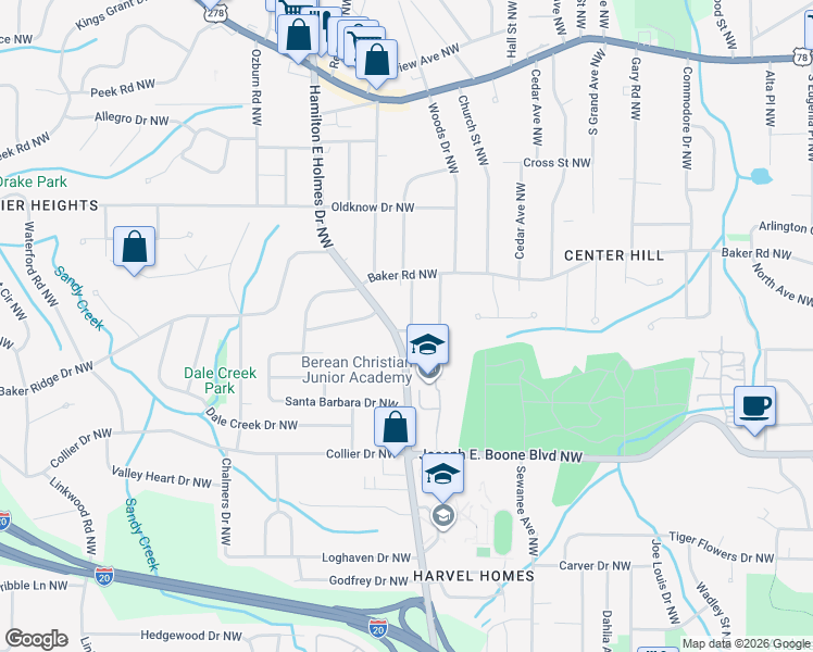 map of restaurants, bars, coffee shops, grocery stores, and more near 2517 Ryne Street Northwest in Atlanta
