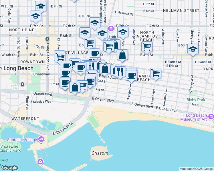 map of restaurants, bars, coffee shops, grocery stores, and more near 130 Bonito Avenue in Long Beach