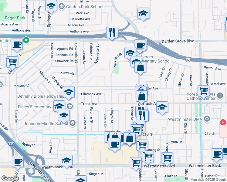 map of restaurants, bars, coffee shops, grocery stores, and more near 13372 Siskiyou Street in Westminster
