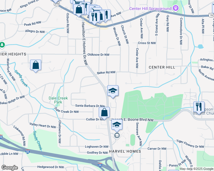 map of restaurants, bars, coffee shops, grocery stores, and more near 2529 Ryne Street Northwest in Atlanta