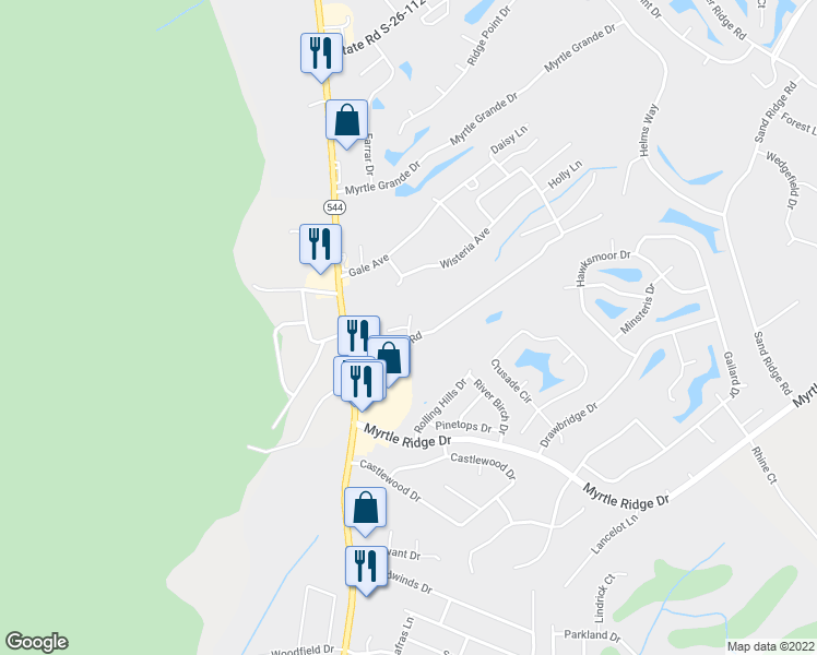 map of restaurants, bars, coffee shops, grocery stores, and more near William Bradford Place in Conway