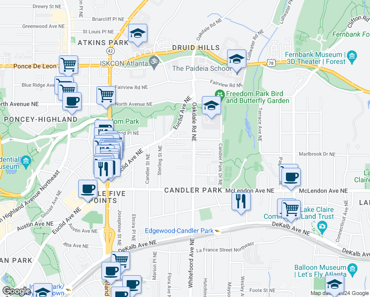 map of restaurants, bars, coffee shops, grocery stores, and more near 1376 Hooper Avenue Northeast in Atlanta