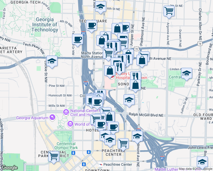 map of restaurants, bars, coffee shops, grocery stores, and more near 501 Peachtree Street Northeast in Atlanta