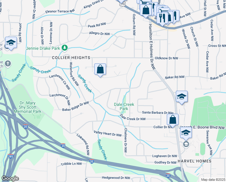 map of restaurants, bars, coffee shops, grocery stores, and more near 2905 Dale Creek Drive Northwest in Atlanta