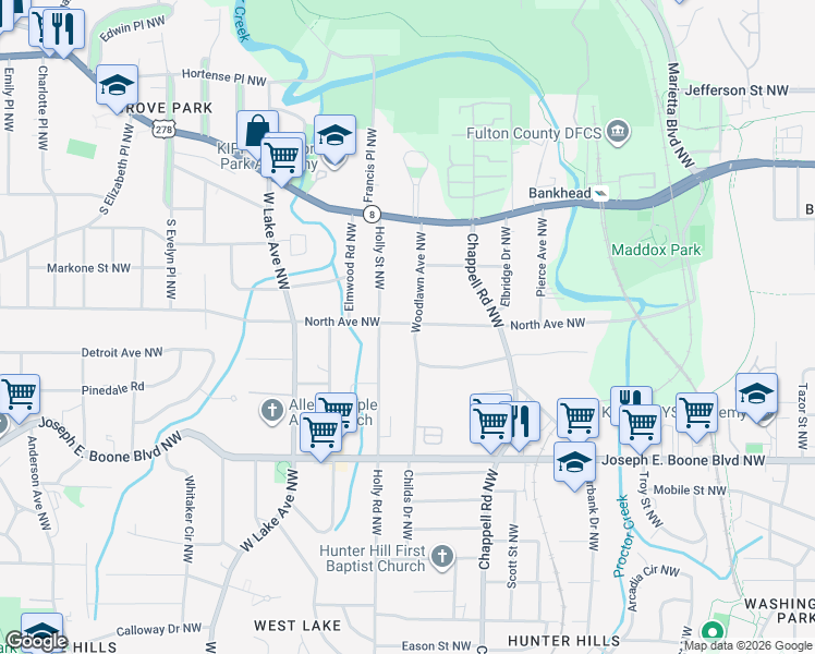map of restaurants, bars, coffee shops, grocery stores, and more near 1490 North Avenue Northwest in Atlanta