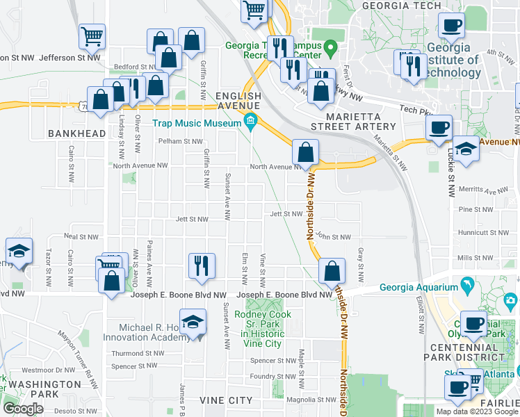 map of restaurants, bars, coffee shops, grocery stores, and more near 488 Vine Street Northwest in Atlanta