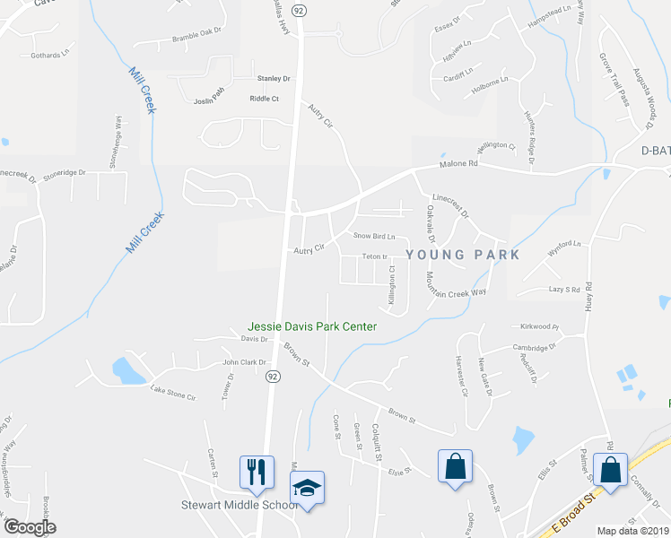 map of restaurants, bars, coffee shops, grocery stores, and more near 6661 Breckenridge Dr in Douglasville