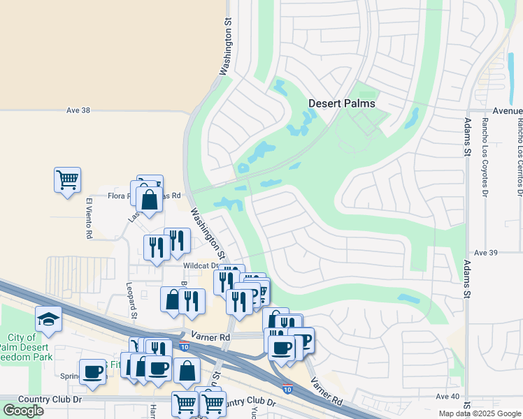map of restaurants, bars, coffee shops, grocery stores, and more near 78204 Arbor Glen Road in Palm Desert