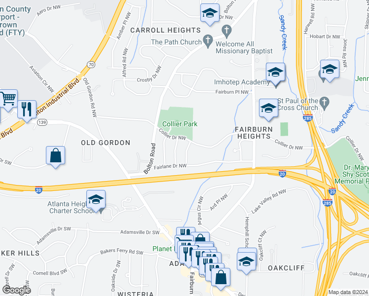 map of restaurants, bars, coffee shops, grocery stores, and more near 464 Camrose Way Northwest in Atlanta
