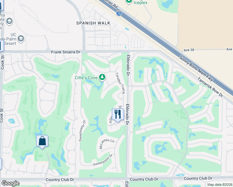 map of restaurants, bars, coffee shops, grocery stores, and more near 38651 Nyasa Drive in Palm Desert